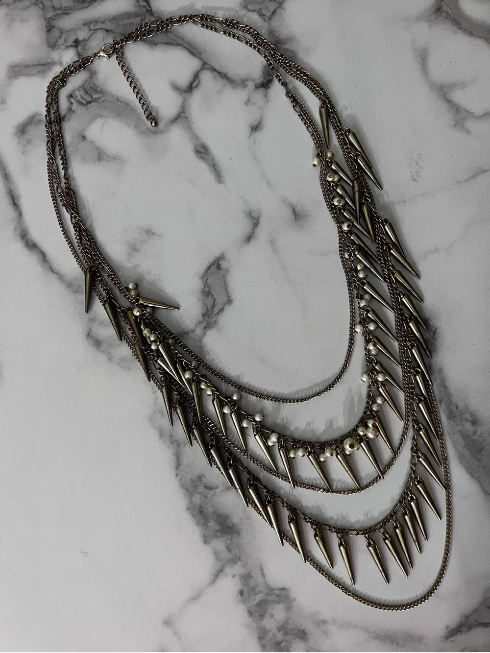Multi-Strand Gunmetal Spike & Pearl Necklace - Women Jewelry